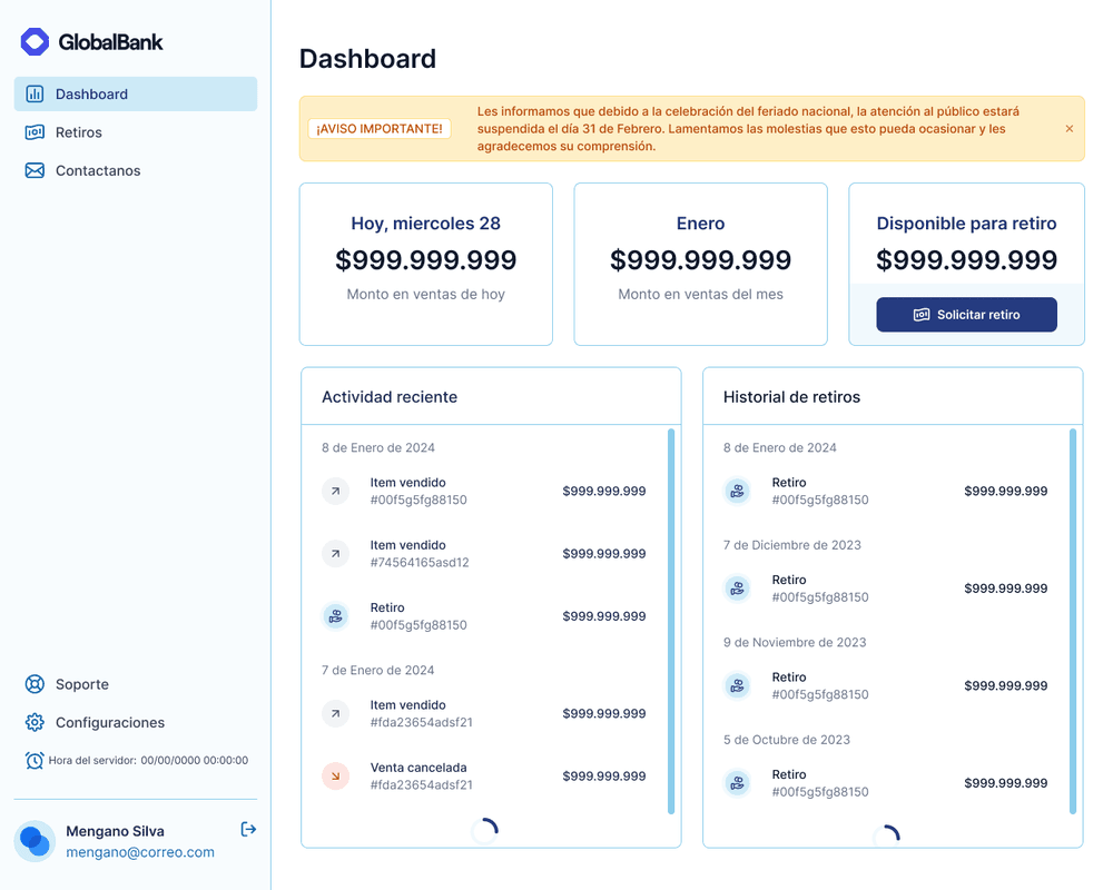 Dashboard de gestión de pagos.